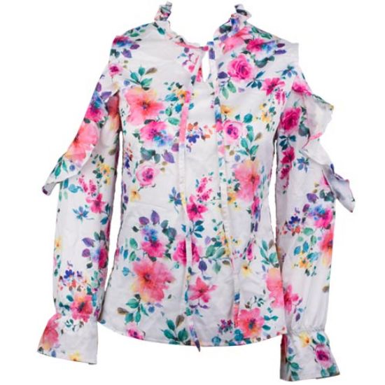 شومیز سرشانه باز گلدار صورتی